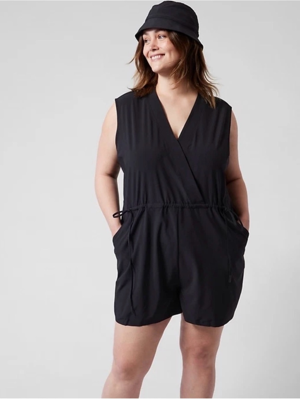 ATHLETA Marlow Sleeveless Romper 3X Black Surplice Travel Packable Lightweight
